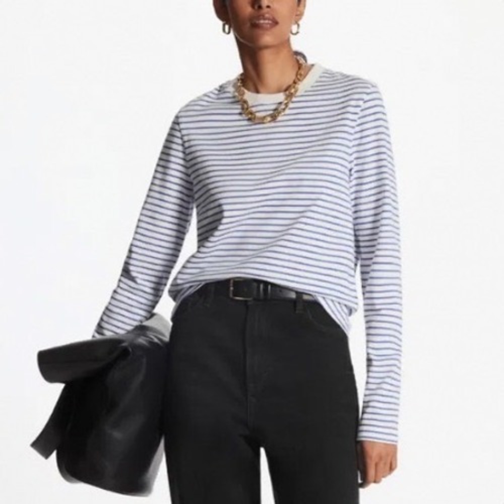 COS Women Small Blue White Striped Long Sleeve Cotton Crew Neck T-Shirt